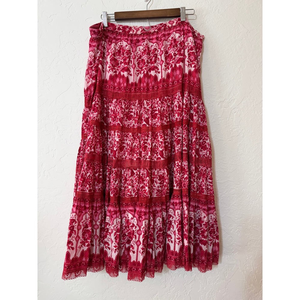 intage Gadzooks Floral Tiered Peasant Maxi Skirt Red Pink Lace Flaw Size Small